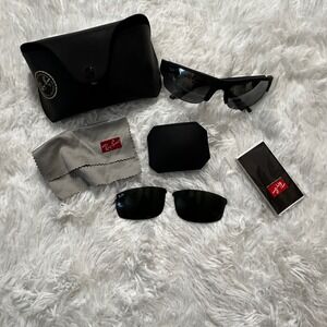Ray-Ban RB4115 Matte Black Polarized Wrap Sunglasses + Extra Lenses Case Set